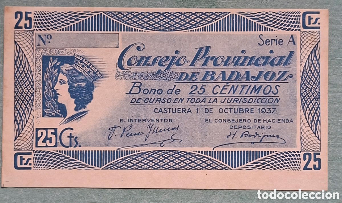 Billetes espa&ntilde;oles: Bono 25 Cts Badajoz 1937 - Castuera - Tamp&oacute;n Nulo - SC