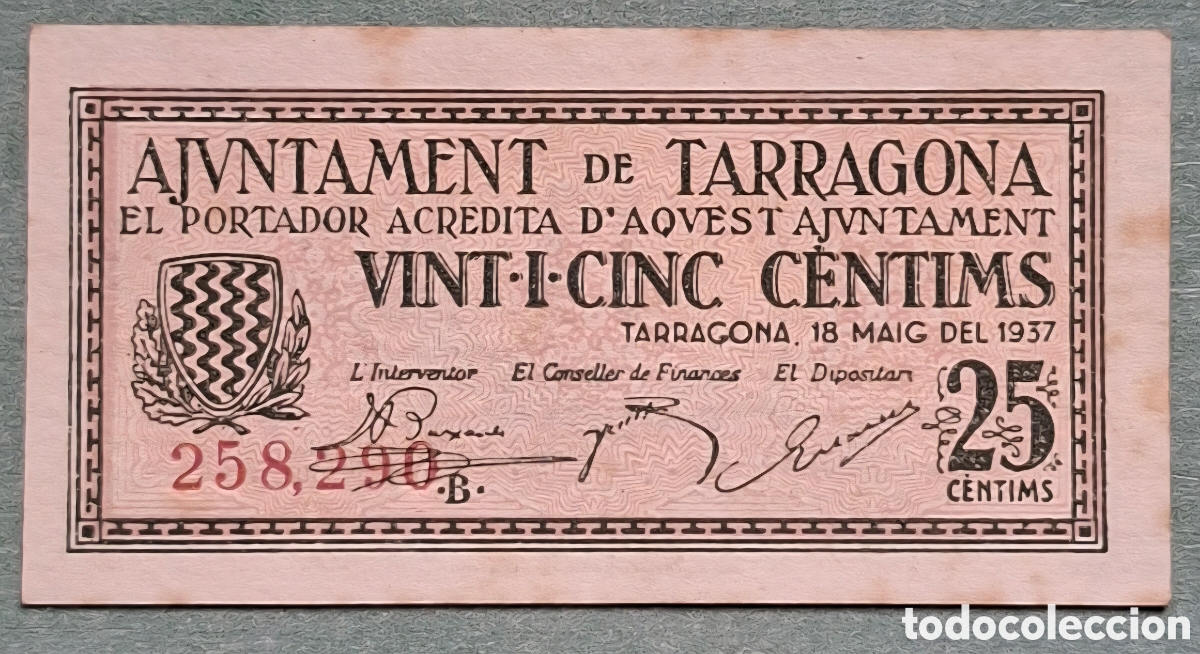 Billetes espa&ntilde;oles: Billete Municipal 25 Cts Tarragona 1937 - Serie B - SC / Plancha