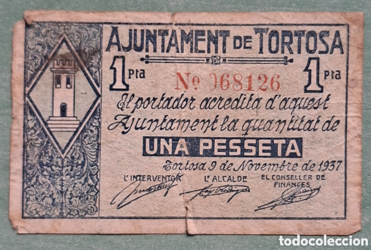 Billetes espa&ntilde;oles: Billete Municipal 1 Peseta Tortosa 1937 - Guerra Civil - BC / BC-