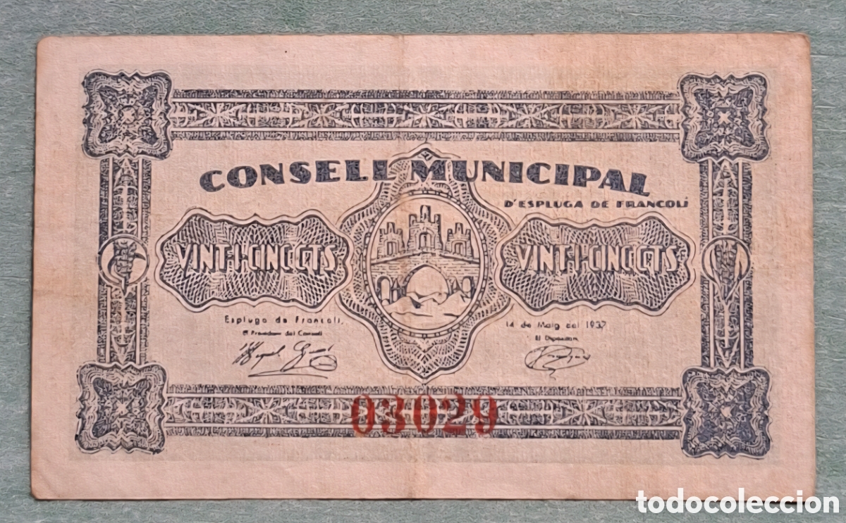 Billetes espa&ntilde;oles: Billete Municipal 25 Cts Espluga de Francol&iacute; 1937 - EBC