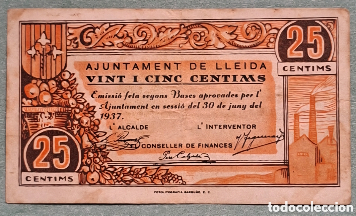 Billetes espa&ntilde;oles: Billete Municipal 25 Cts Lleida 1937 - Guerra Civil - EBC