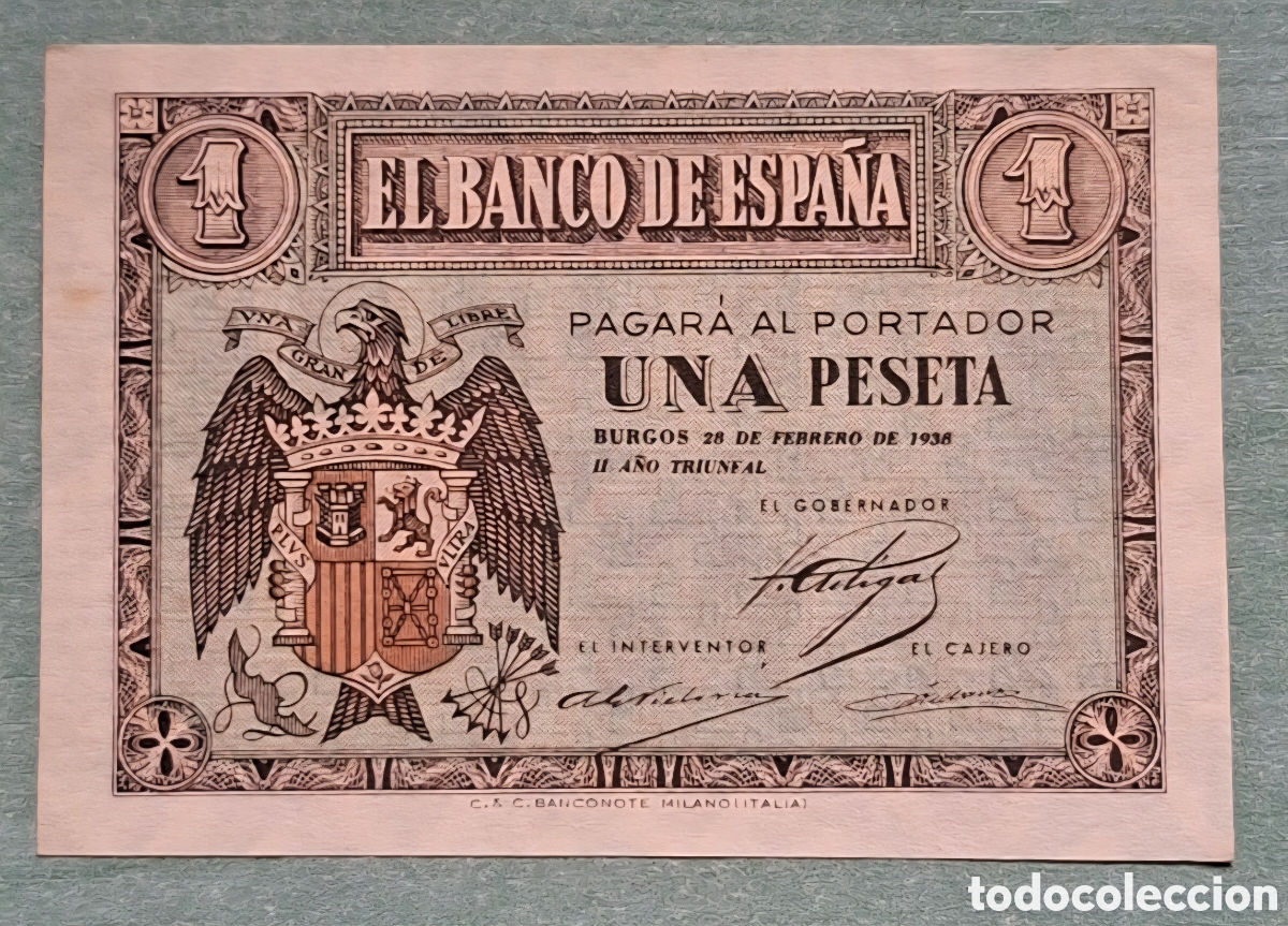Billetes espa&ntilde;oles: Billete 1 Peseta 1938 - Burgos (Guerra Civil) - Serie B - SC / Plancha