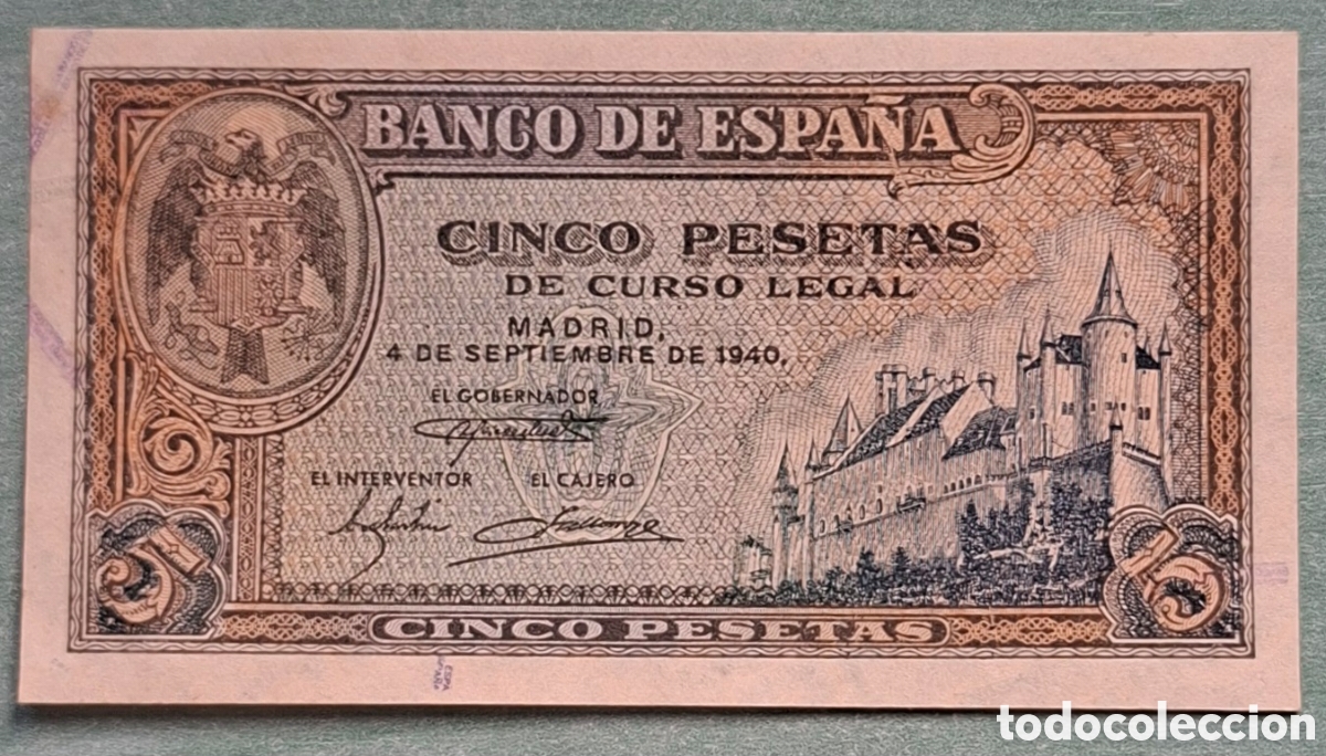 Billetes espa&ntilde;oles: Billete 5 Pesetas 1940 - Alc&aacute;zar de Segovia - Serie A - SC / Plancha