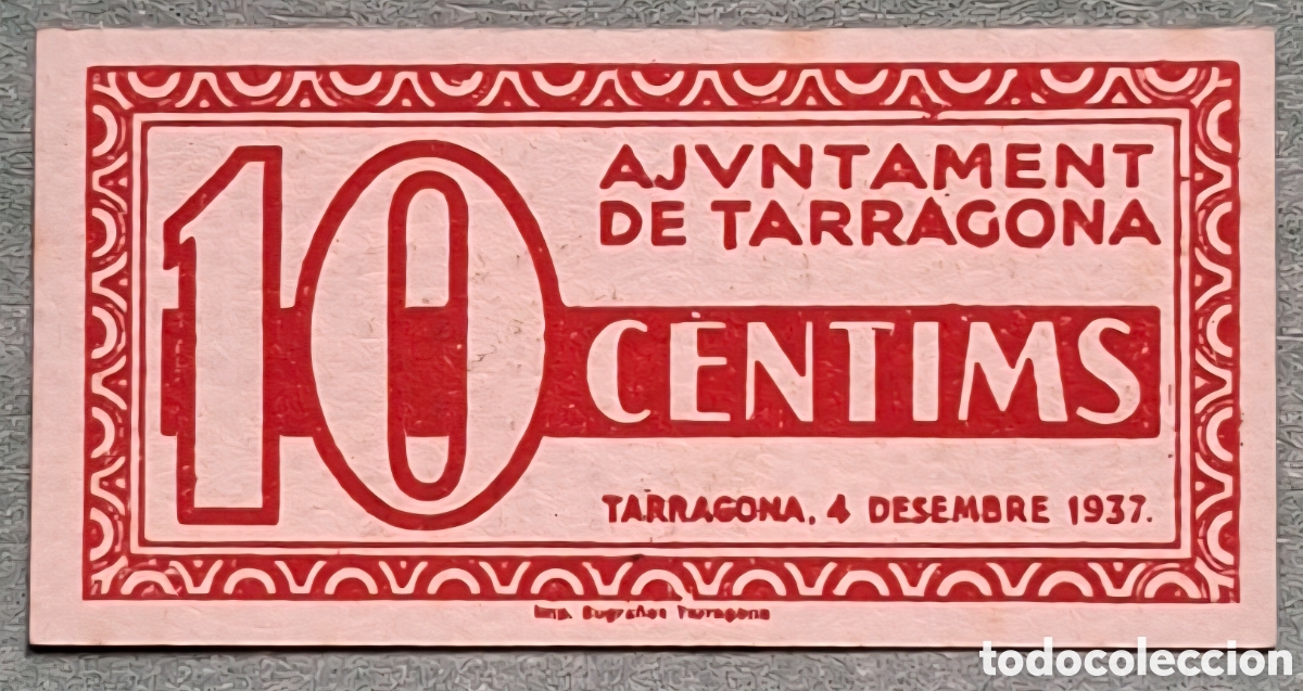 Billetes espa&ntilde;oles: Billete Municipal 10 Cts Tarragona 1937 - Serie C - SC / Plancha