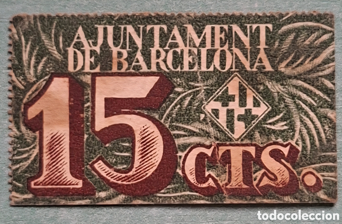 Billetes espa&ntilde;oles: Billete Municipal 15 Cts Barcelona 1937 - Serie B - Dentado - SC / Plancha