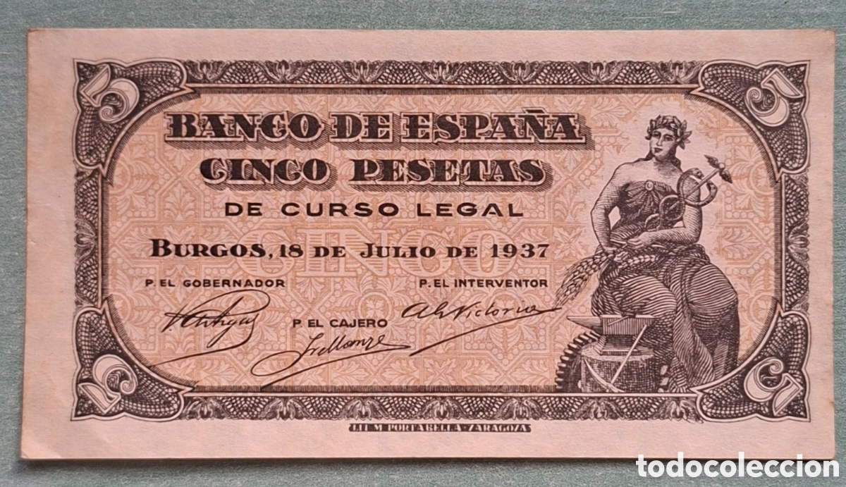 Billetes espa&ntilde;oles: Billete 5 Pesetas 1937 - Burgos (Guerra Civil) - Serie B - SC / Plancha