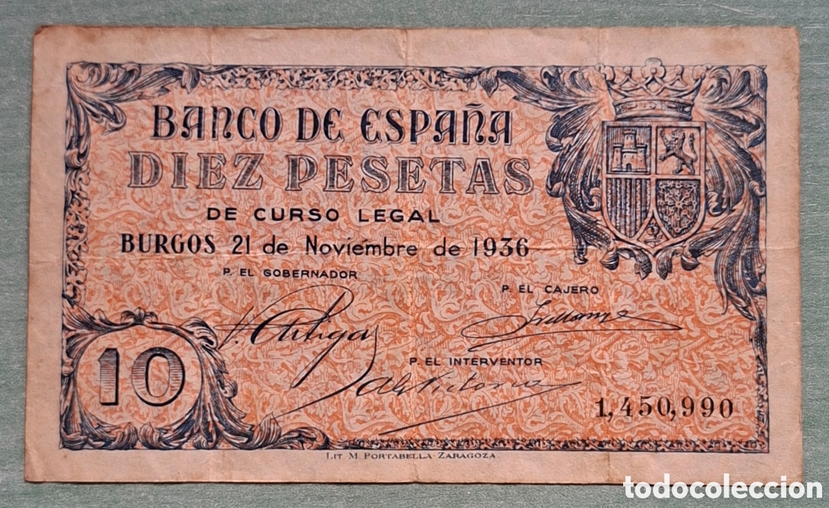 Billetes espa&ntilde;oles: Billete 10 Pesetas 21 de Noviembre de 1936 - Burgos (Guerra Civil) - Sin Serie - EBC