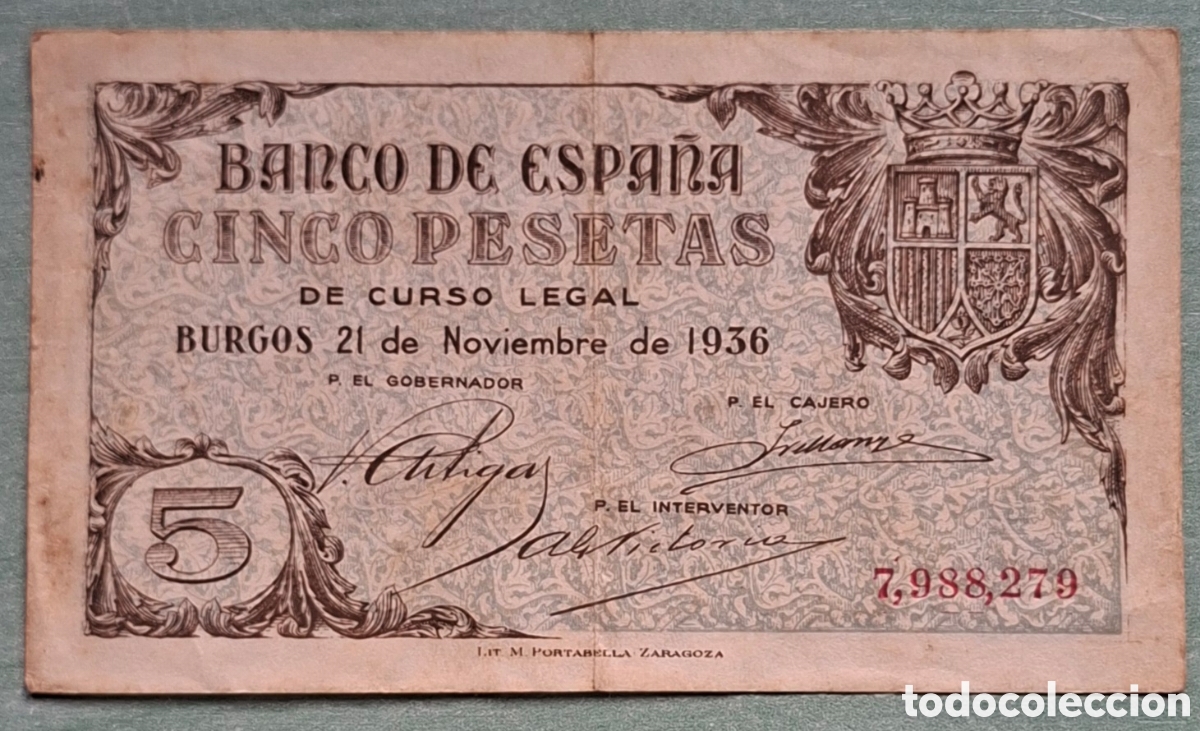 Billetes espa&ntilde;oles: Billete 5 Pesetas 21 de Noviembre de 1936 - Burgos (Guerra Civil) - Sin Serie - MBC+ / EBC-