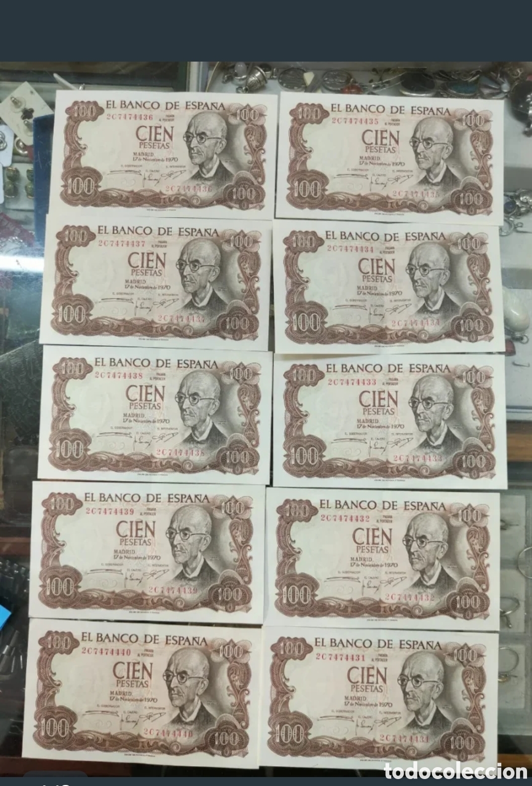 Spanische Banknoten: Conjunto de 10 billetes numeraci&oacute;n consecutiva