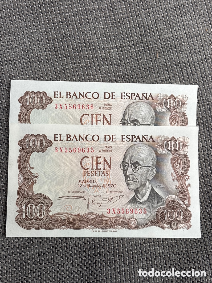 Notas espanholas: [Exclusivo] Lote de 2 Billetes Correlativos SC de 100 Pesetas, 1970 (Manuel de falla)