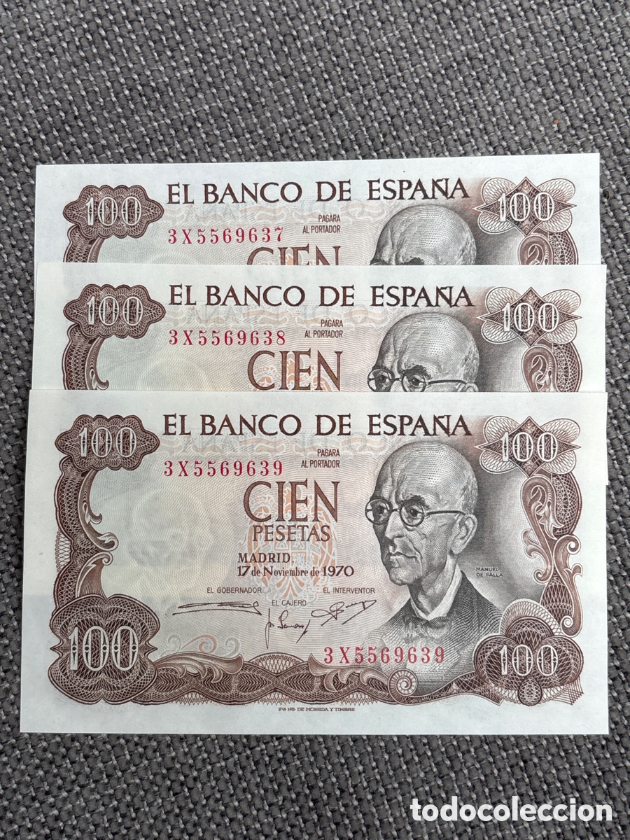 Spanish Banknotes: [Exclusivo] Lote de 3 Billetes Correlativos SC de 100 Pesetas, 1970 (Manuel de falla)