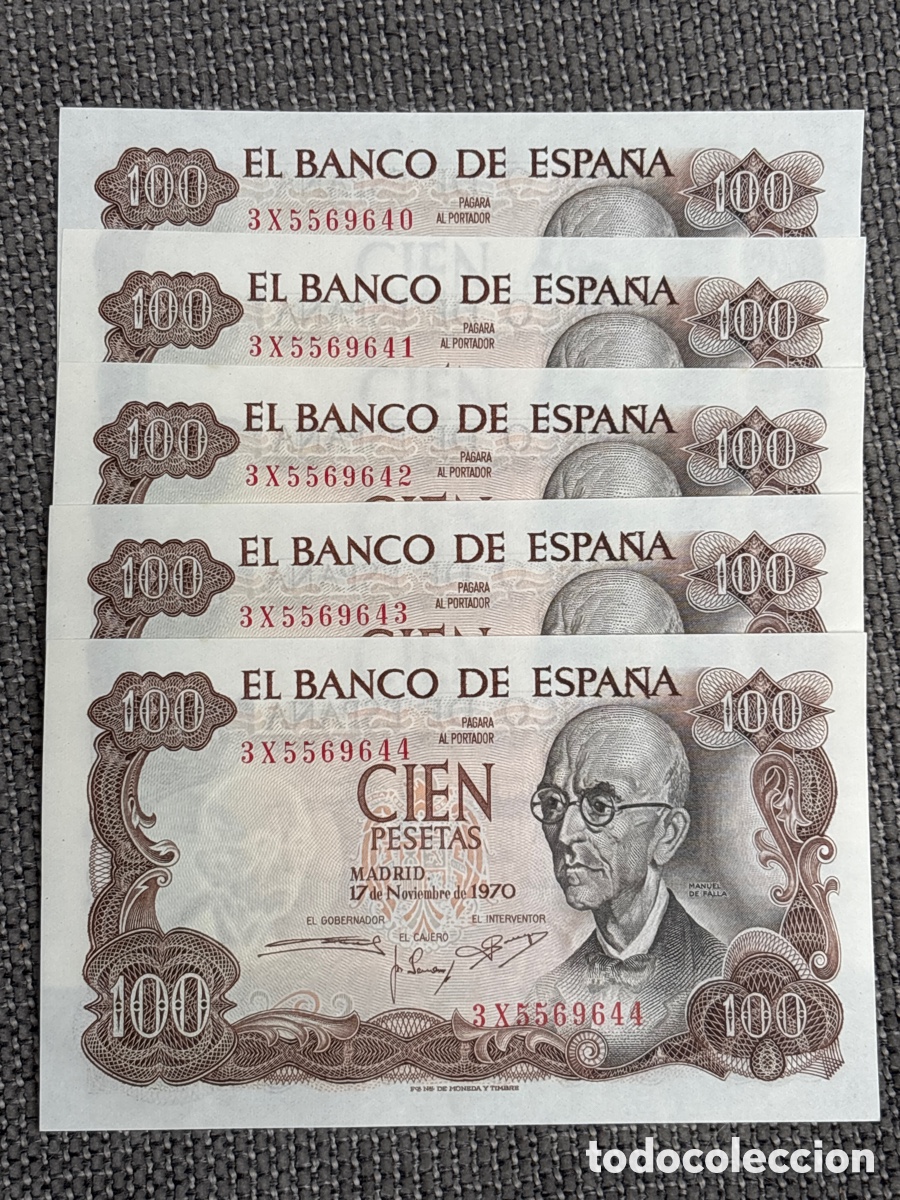 Notas espanholas: [Exclusivo] Lote de 5 Billetes Correlativos SC de 100 Pesetas, 1970 (Manuel de falla)