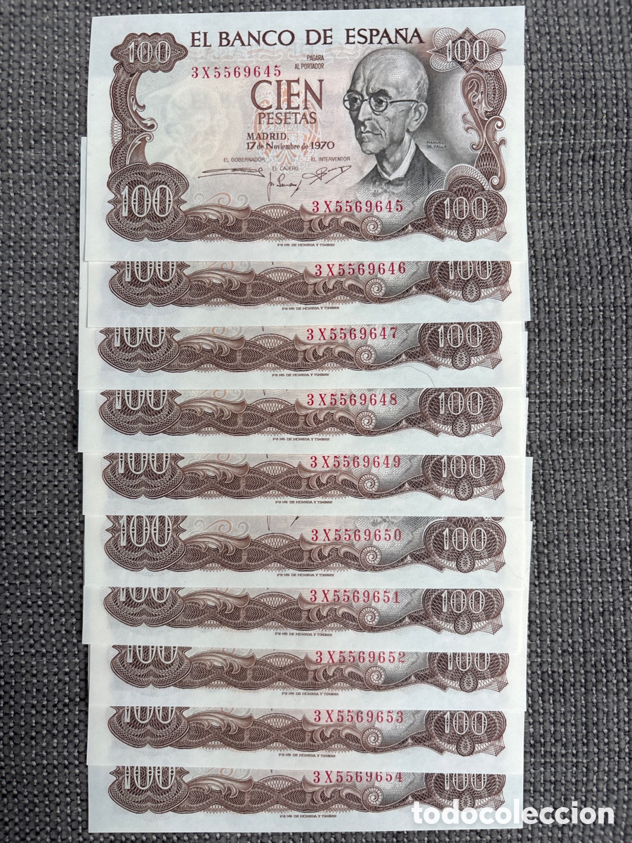 Notas espanholas: [Exclusivo] Lote de 10 Billetes Correlativos SC de 100 Pesetas, 1970 (Manuel de falla)