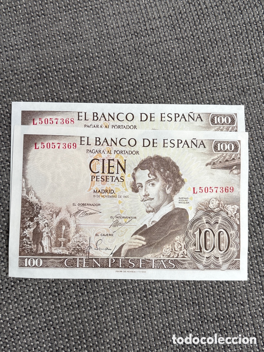 Notas espanholas: [EXCLUSIVO] Lote de 2 Billetes Correlativos SC de 100 Pesetas, 1965 (Gustavo Adolfo Becquer)