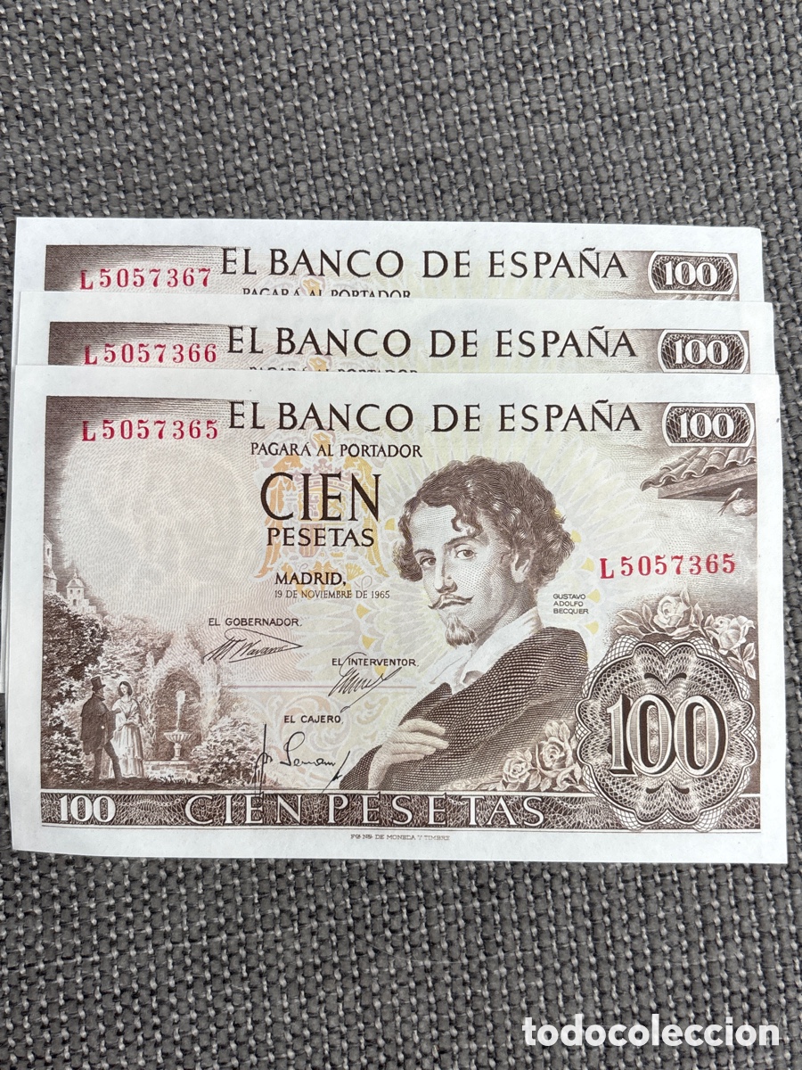 Spanische Banknoten: [EXCLUSIVO] Lote de 3 Billetes Correlativos SC de 100 Pesetas, 1965 (Gustavo Adolfo Becquer)