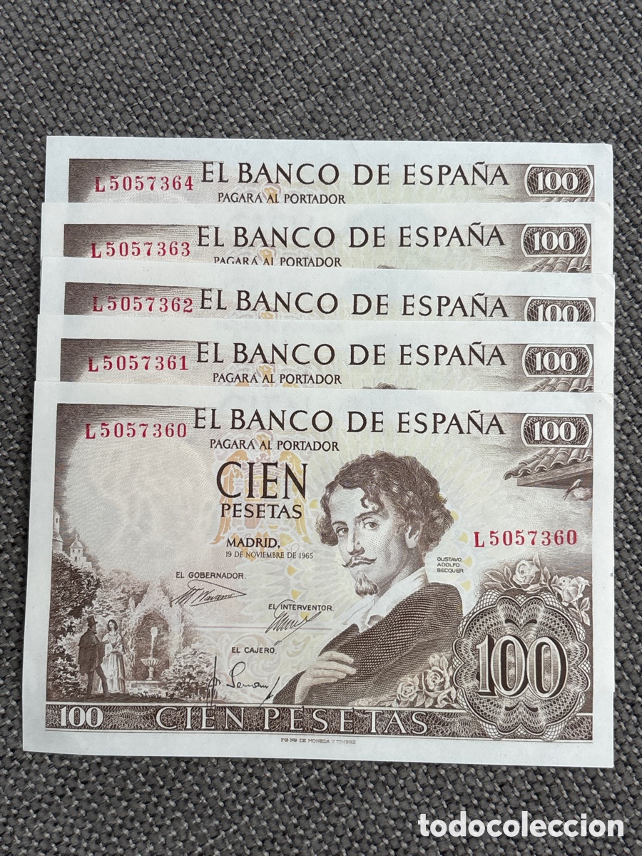 Billets espagnols: [EXCLUSIVO] Lote de 5 Billetes Correlativos SC de 100 Pesetas, 1965 (Gustavo Adolfo Becquer)