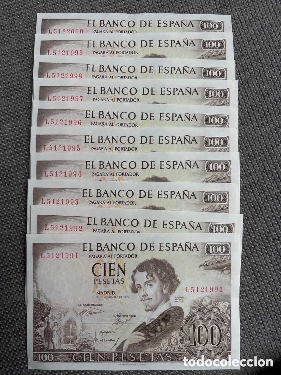 Billets espagnols: [EXCLUSIVO] Lote de 10 Billetes Correlativos SC de 100 Pesetas, 1965 (Gustavo Adolfo Becquer)