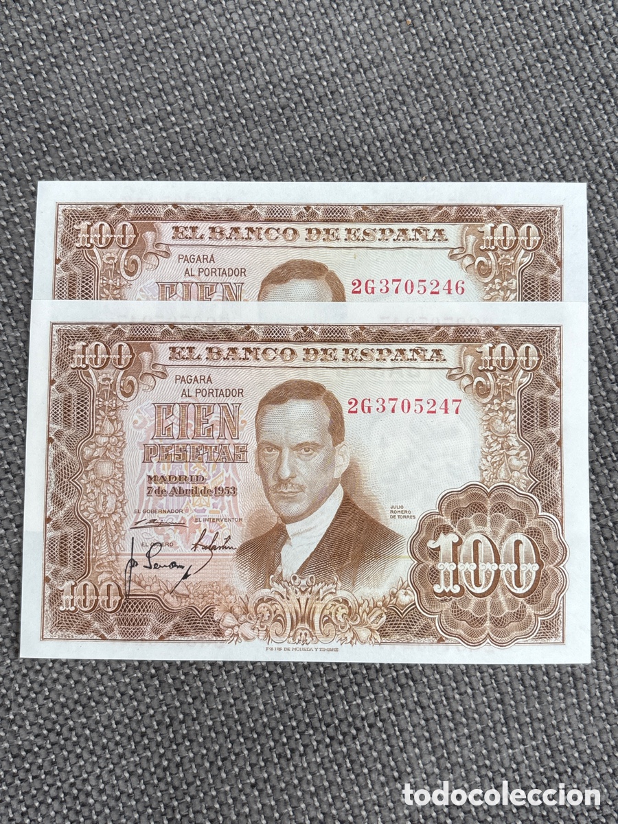 Billets espagnols: [EXCLUSIVO] Lote de 2 Billetes Correlativos SC de 100 Pesetas, 1953 (Julio Romero de Torres)