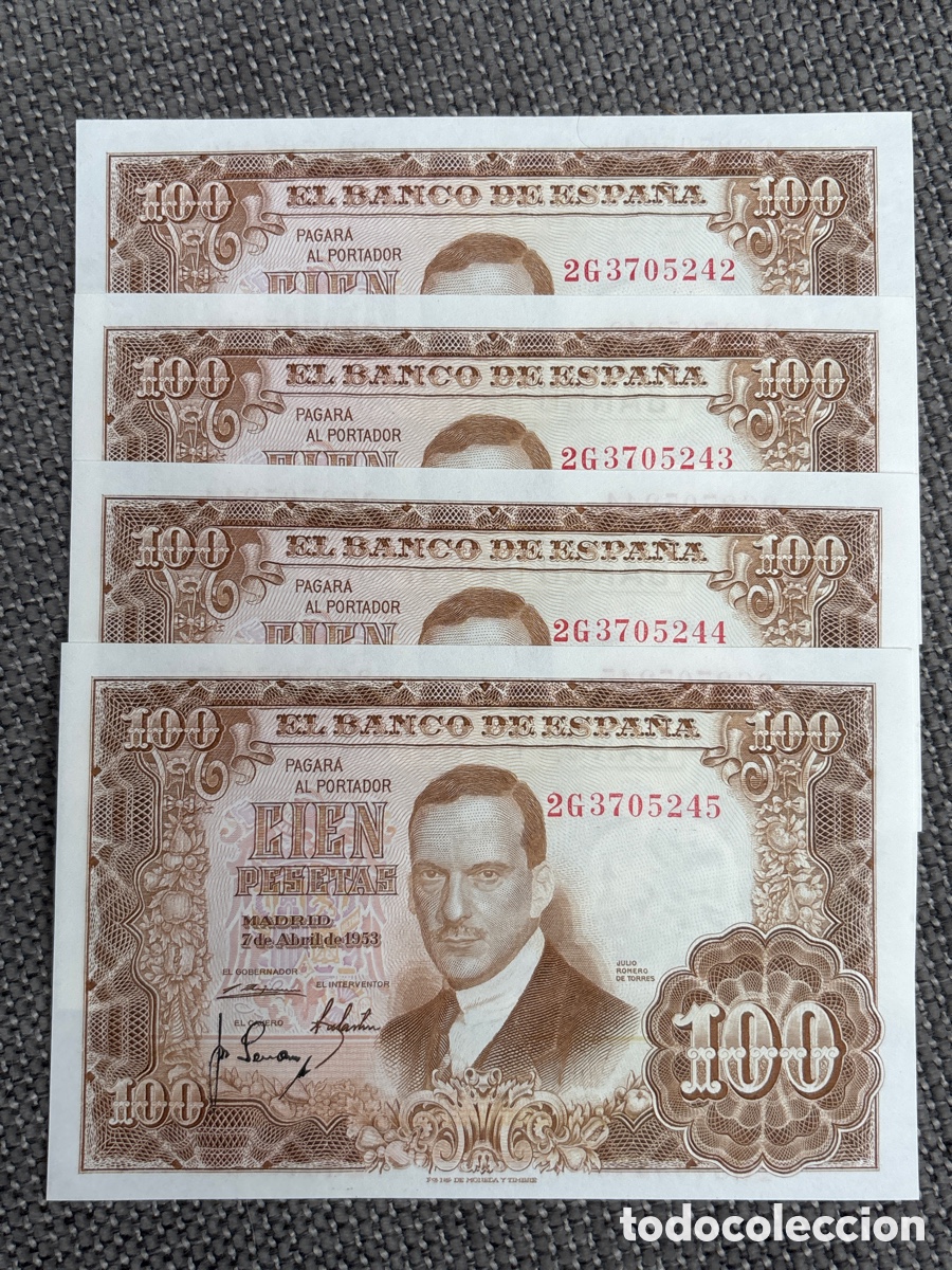Billets espagnols: [EXCLUSIVO] Lote de 4 Billetes Correlativos SC de 100 Pesetas, 1953 (Julio Romero de Torres)