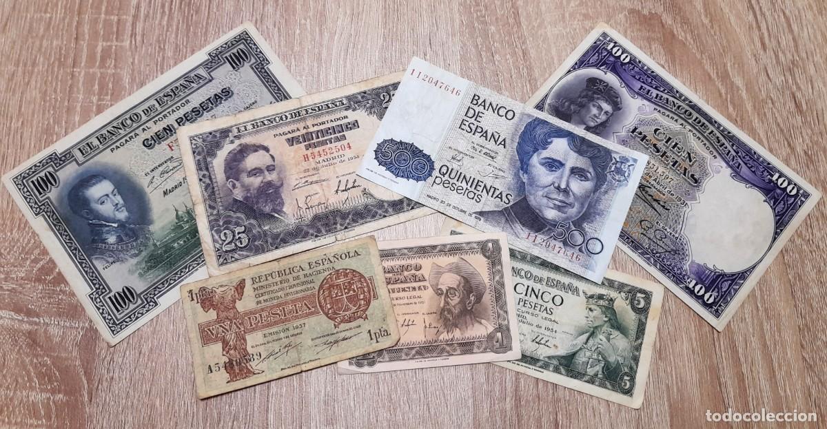 Spanish Banknotes: Lote de 7 billetes antiguos de Pesetas