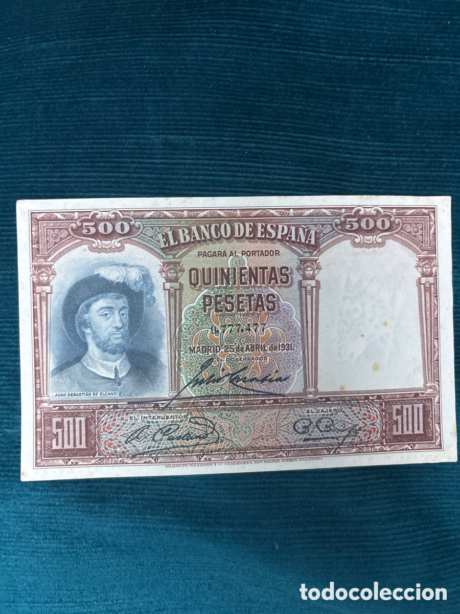 Notas espanholas: Billete Original de 500 PESETAS 1931, MBC (Juan Sebasti&aacute;n De Elcano)