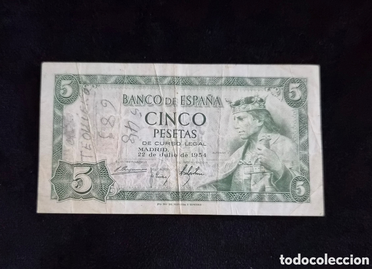 Spanische Banknoten: Billete de Espa&ntilde;a &ndash; 5 Pesetas 1954 &ndash; Alfonso X el Sabio &ndash; Serie N