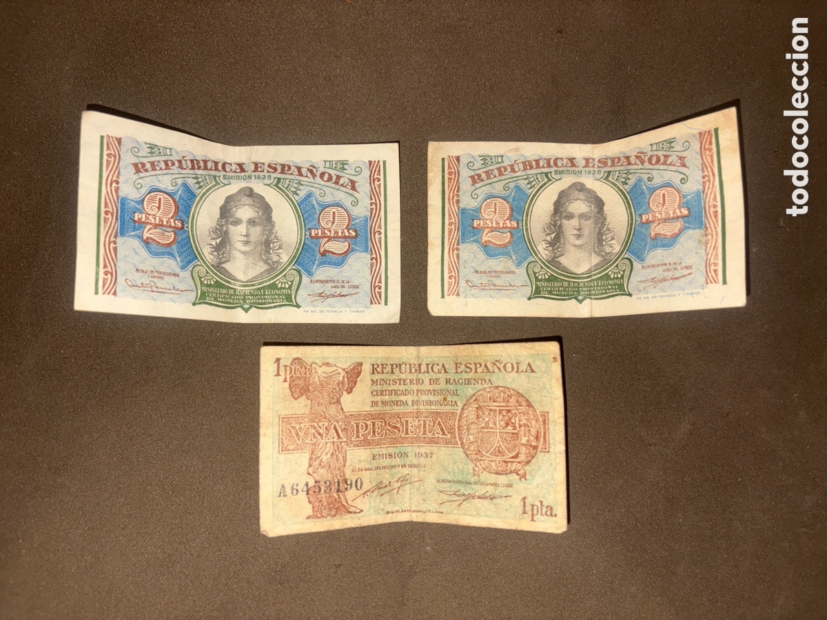 Spanish Banknotes: Lote de 3 billetes republica espa&ntilde;ola,1937 y 1938,1 peseta y 2 pesetas*ver fotos*