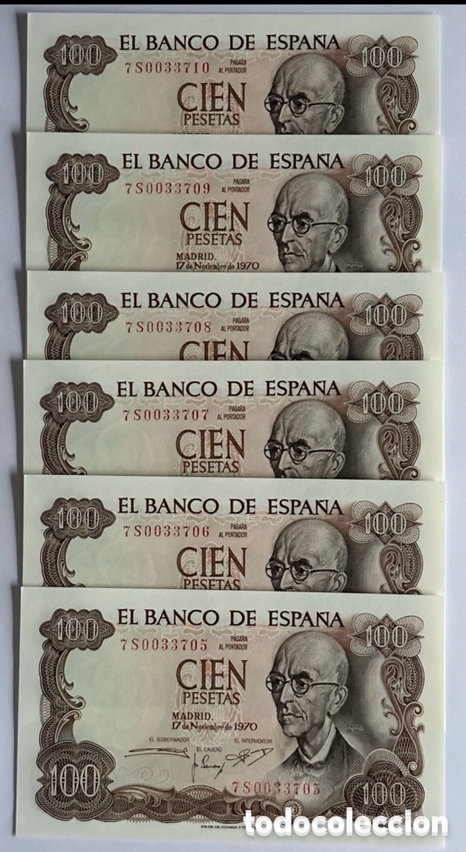 Spanish Banknotes: Espa&ntilde;a - 6 billetes serie correlativa de 100 pesetas - Manuel de Falla