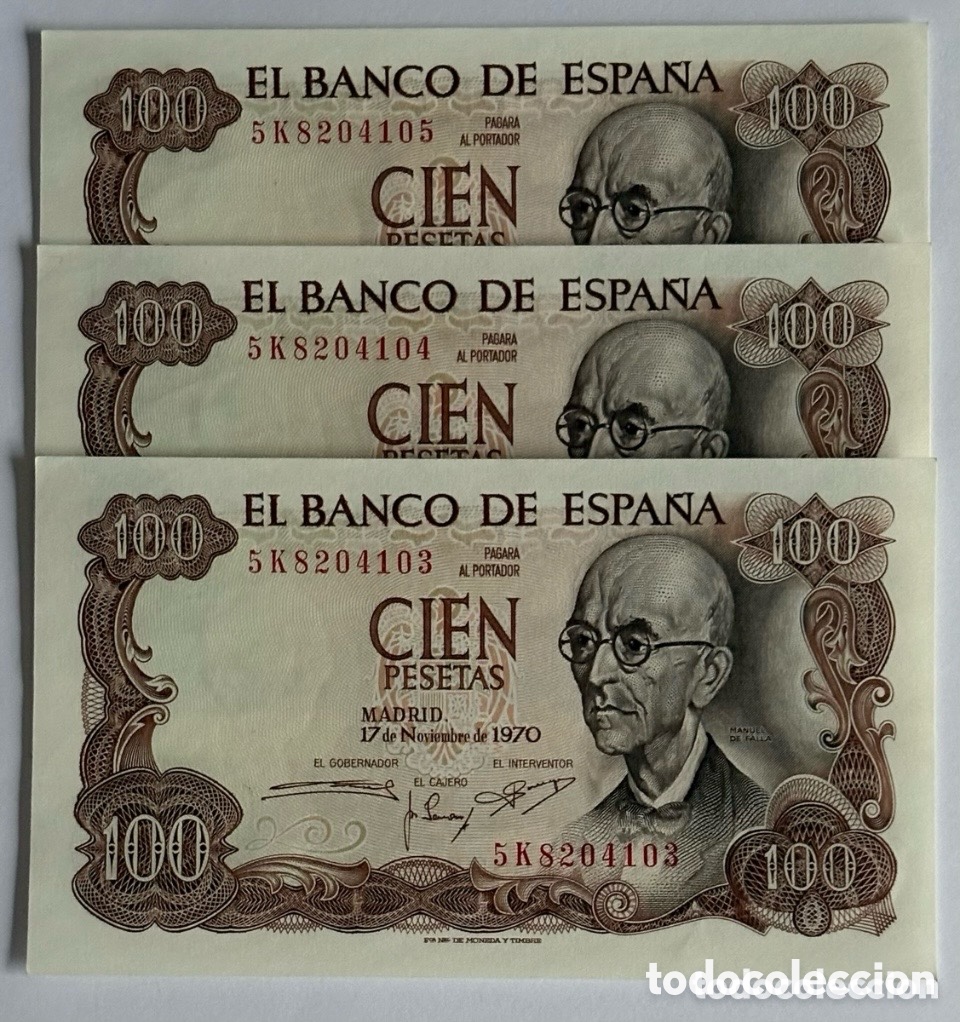 Spanish Banknotes: Espa&ntilde;a - 3 billetes de 100 pesetas Manuel de Falla