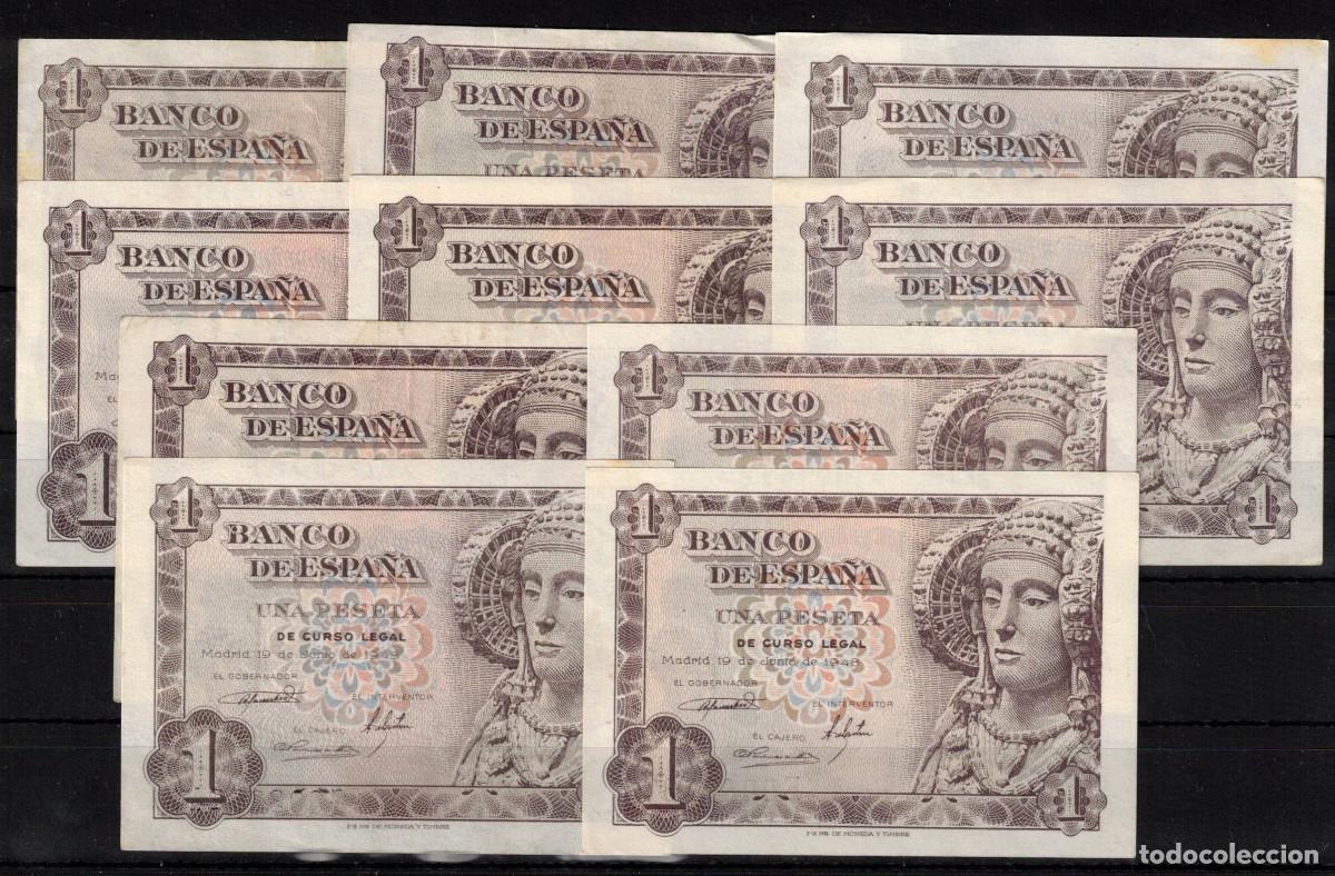 Notas espanholas: ESPA&Ntilde;A 10 BILLETES 1 PESETA 1948 DAMA DE ELCHE - CON SERIE - MBC+