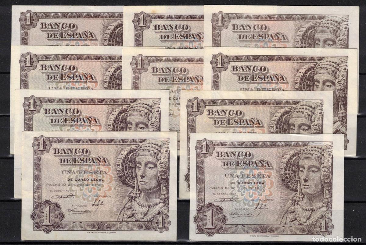 Spanische Banknoten: ESPA&Ntilde;A 10 BILLETES 1 PESETA 1948 DAMA DE ELCHE - CON SERIE - EBC+