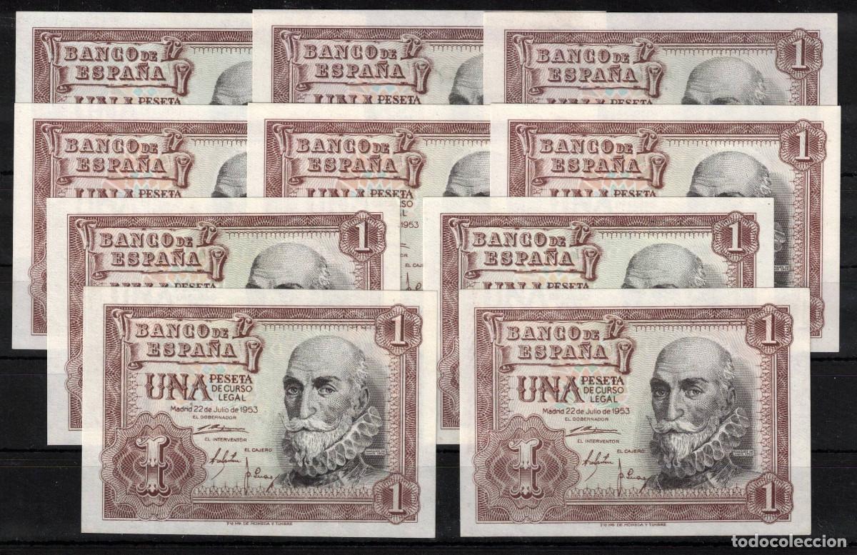 Spanish Banknotes: ESPA&Ntilde;A 10 BILLETES 1 PESETA 1953 MARQUES DE SANTA CRUZ - CON SERIE - SC-