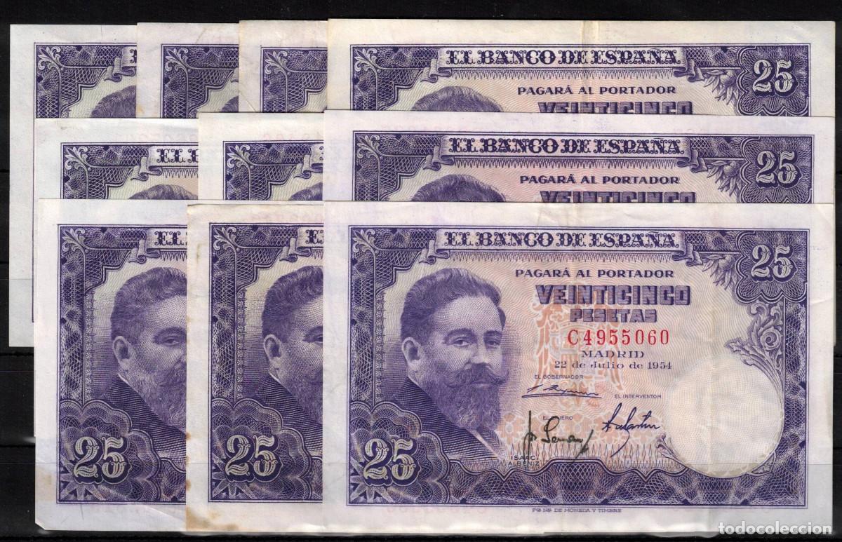 Spanish Banknotes: ESPA&Ntilde;A 10 BILLETES 25 PESETAS 1954 ISAAC ALBENIZ - CON SERIE - MBC