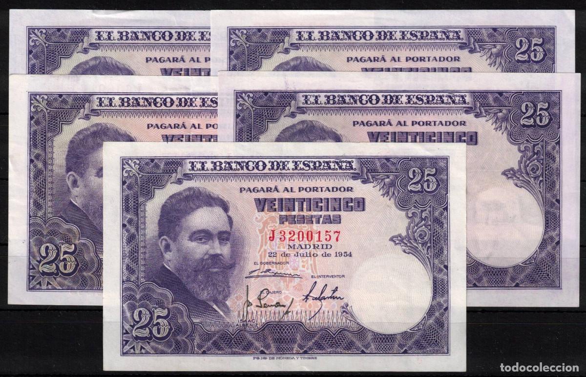 Spanische Banknoten: ESPA&Ntilde;A 5 BILLETES 25 PESETAS 1954 ISAAC ALBENIZ - CON SERIE - EBC-