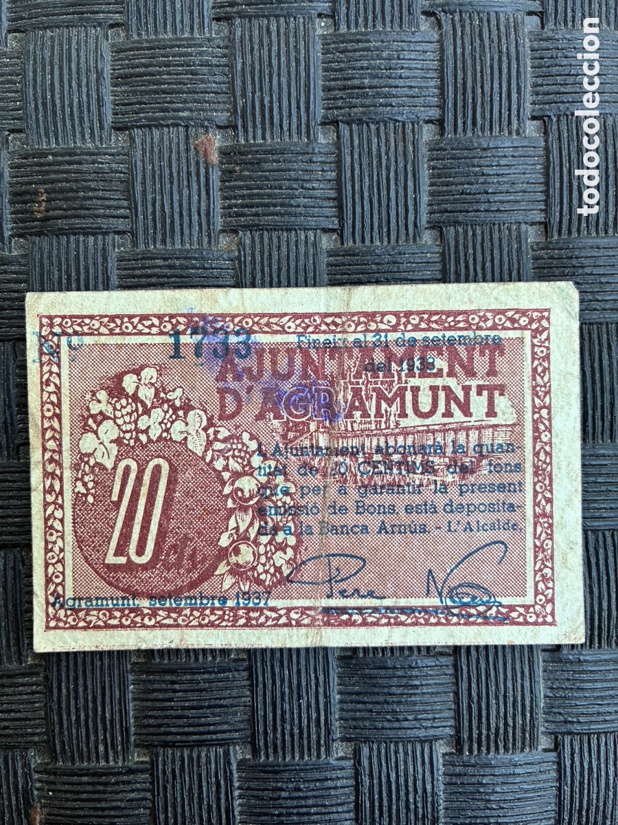 Spanische Banknoten: 20 Centims Ajuntament d'Agramunt setembre 1937 N&ordm;1733 - Guerra Civil Lleida - MBC
