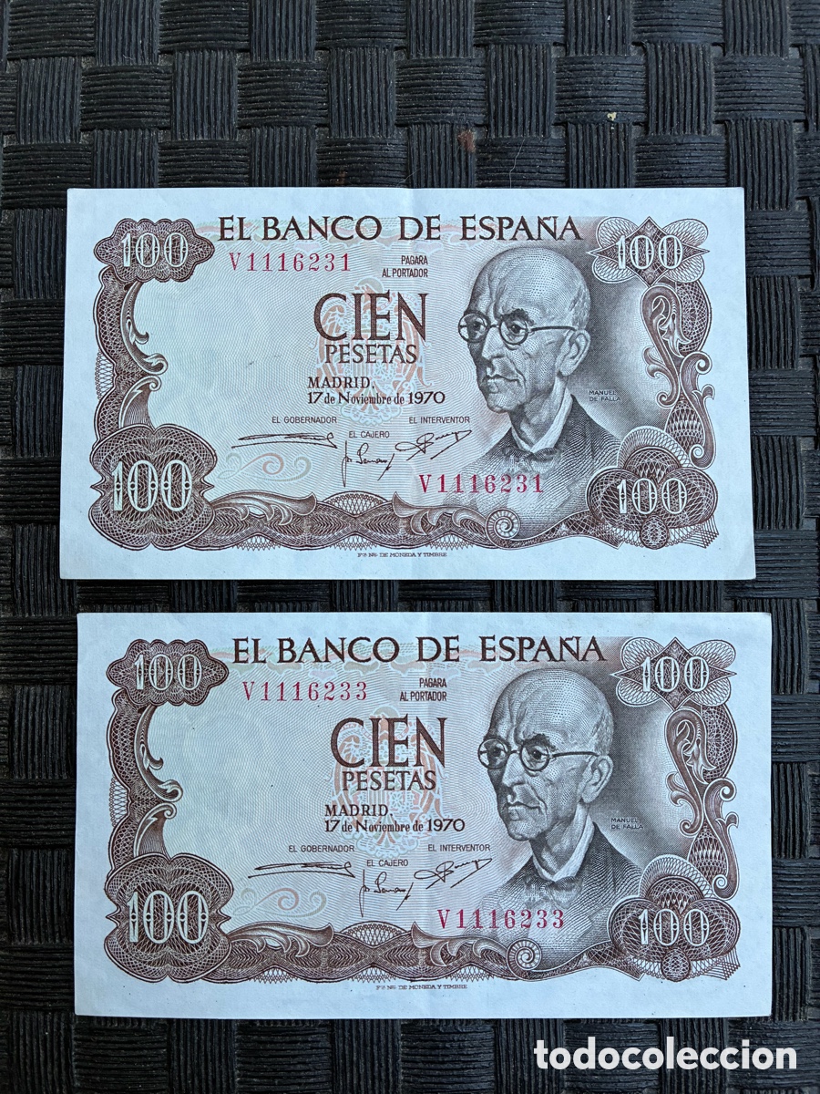 Banconote spagnole: Pareja 100 Pesetas 1970 Manuel de Falla - V1116231 / V1116233 Casi Correlativos - SC