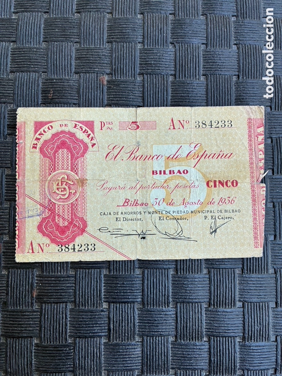 Banconote spagnole: 5 Ptas Banco Espa&ntilde;a BILBAO Caja Ahorros 30 Agosto 1936 A 384233 - Guerra Civil - MBC