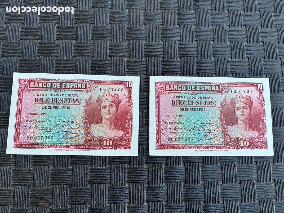 Banconote spagnole: Pareja 10 Ptas 1935 Certificado Plata Dama B0.057.003 Correlativo - SC