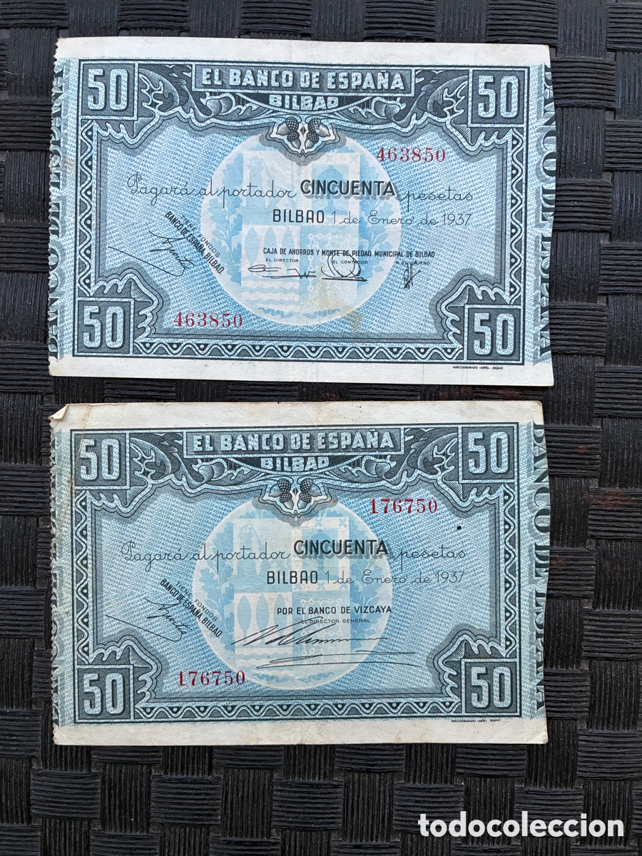 Banconote spagnole: Pareja 50 Ptas Bilbao 1 Enero 1937 - Caja Ahorros 463850 + Banco Vizcaya 176750 - Guerra Civil