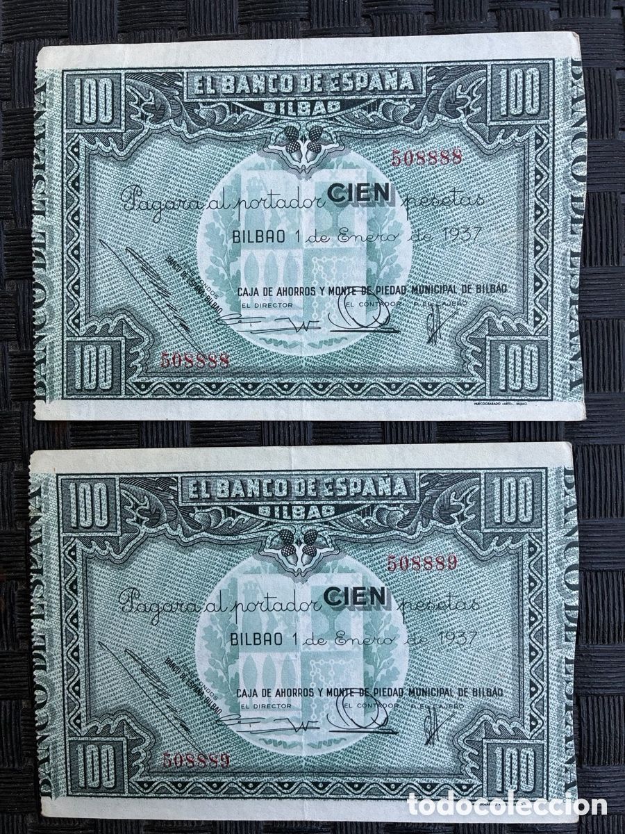 Banconote spagnole: Pareja 100 Ptas Bilbao 1 Enero 1937 N&ordm; 508888 y 508889 CORRELATIVOS - Guerra Civil - MBC/EBC