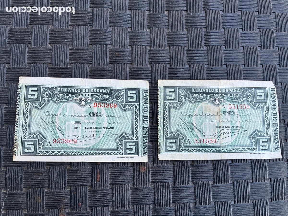 Banconote spagnole: 5 Ptas Bilbao 1937 Banco Guipuzcoano A 351539 + A 95969 - Guerra Civil - BC