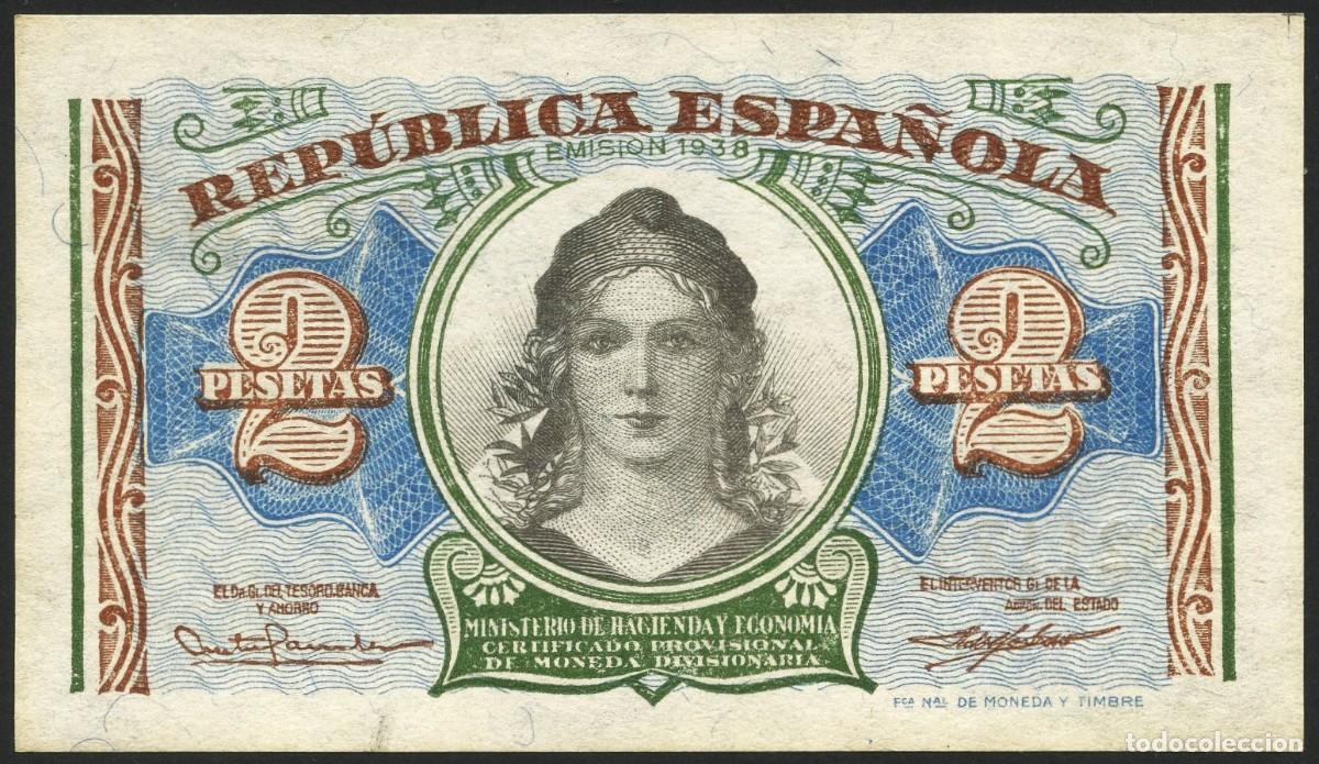 Banconote spagnole: ESPA&Ntilde;A, BILLETE, ALEGOR&Iacute;A DE LA REP&Uacute;BLICA, VALOR: 2 PESETAS, 1938, SERIE: A