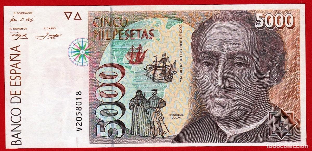 Banconote spagnole: 5000 pesetas, 1992, Serie V, SC-, roturita margen inferior.