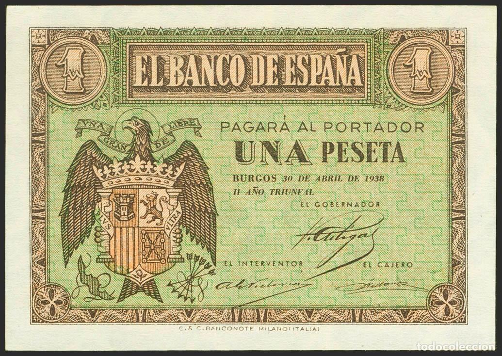 Spanische Banknoten: 1 PESETA ABRIL 1938 SERIE I S/C