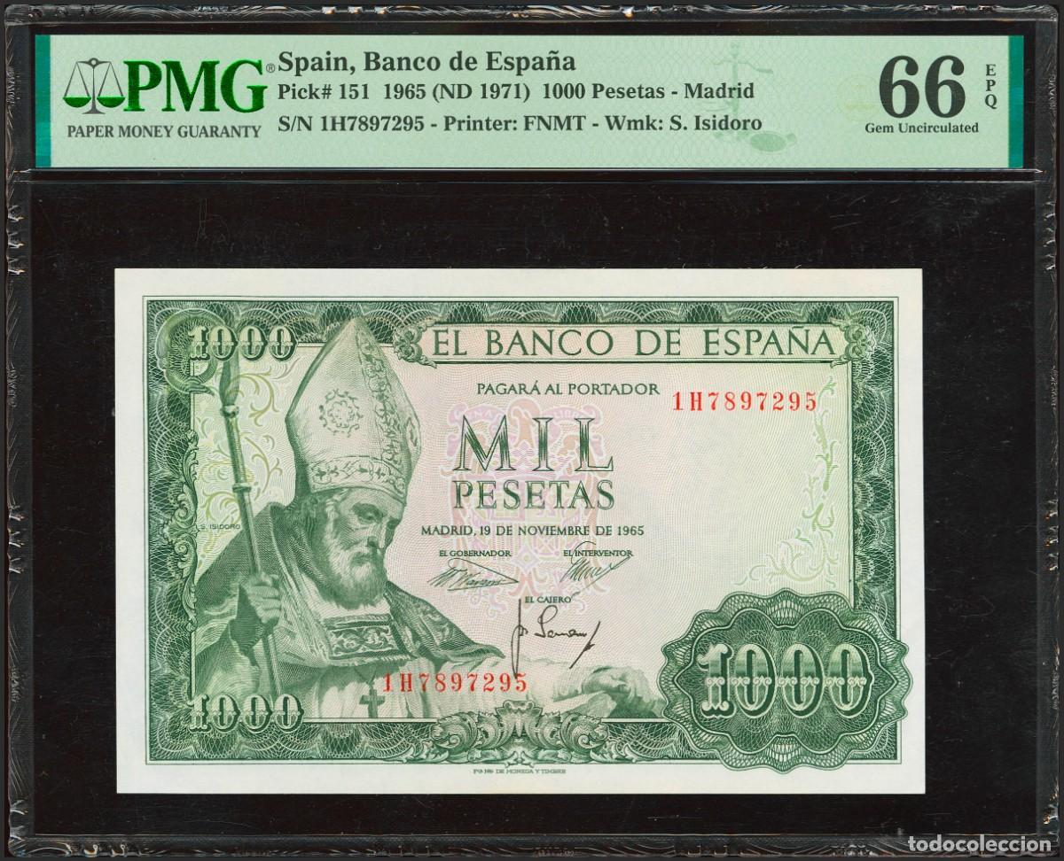 Notas espanholas: 1000 PESETAS 1965 SERIE 1H CERTIFICADO PMG66 EPQ