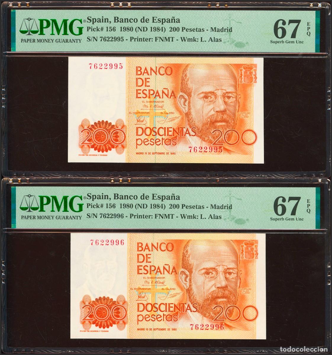 Notas espanholas: PAREJA CORRELATIVA 200 PESETAS 1980 SIN SERIE CERTIFICADO PMG67 EPQ