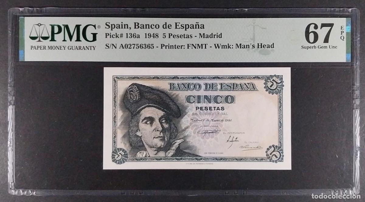 Billetes espa&ntilde;oles: 5 PESETAS 1948 (ELCANO) SERIE A PMG 67 EPQ SC