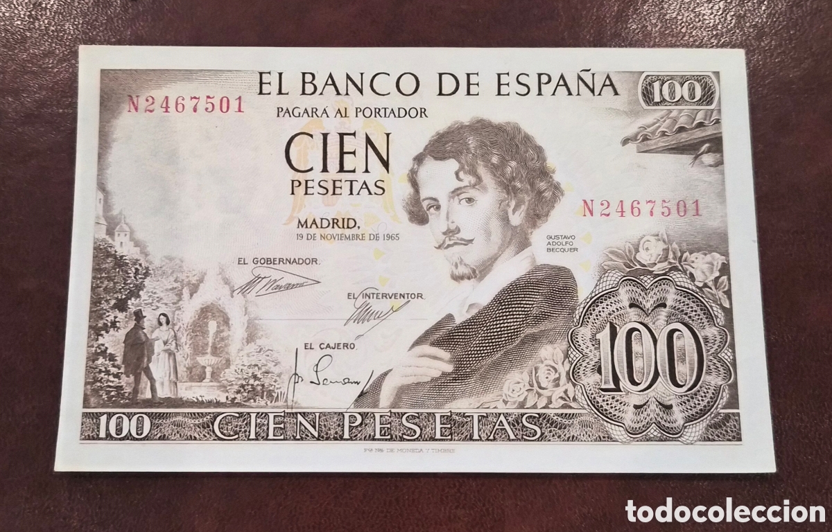 Billetes espa&ntilde;oles: Espa&ntilde;a &ndash; Billete de 100 Pesetas 1965 &ndash; Gustavo Adolfo B&eacute;cquer &ndash; Serie N