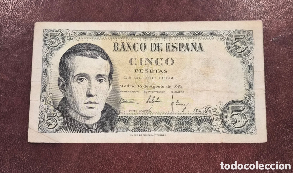 Billetes espa&ntilde;oles: Espa&ntilde;a &ndash; Billete de 5 Pesetas 1951 &ndash; Jaime Balmes