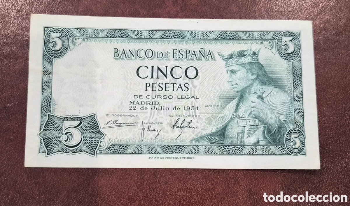 Billetes espa&ntilde;oles: Espa&ntilde;a &ndash; Billete de 5 Pesetas 1954 &ndash; Alfonso X el Sabio &ndash; Serie A